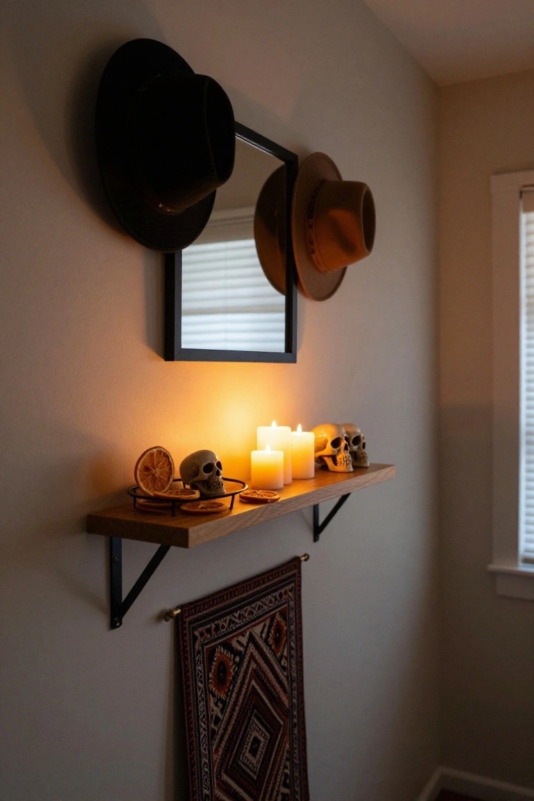 Wooden floating shelf on a beige wall holding plastic skulls, lit pillar candles, and dried orange slices in a wire dish, with black and tan hats mounted above a black-framed mirror and a patterned textile hanging below.