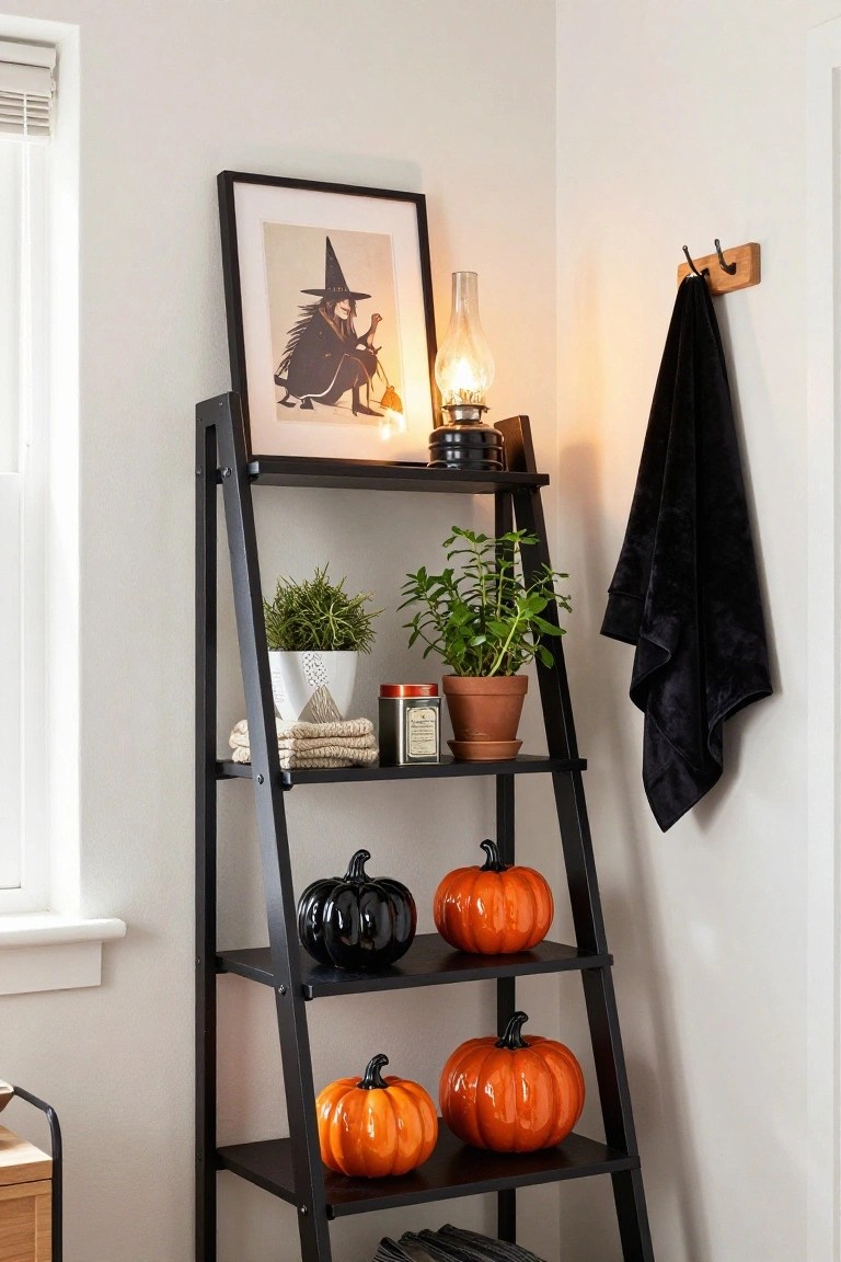 Black leaning ladder shelf in a corner of a white-walled room holds potted plants, orange and black pumpkins, towels, and a tea tin, with a framed witch silhouette, glass oil lamp nearby, and black towel on a wooden hook.