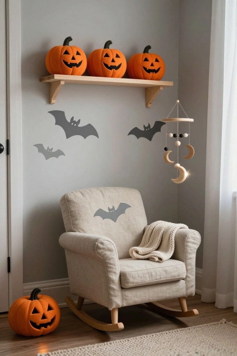 Light gray nursery corner with beige rocking chair featuring bat print, plush orange jack-o-lantern pumpkins on wooden wall shelf and floor, gray bat wall decals, and wooden moon mobile hanging above.