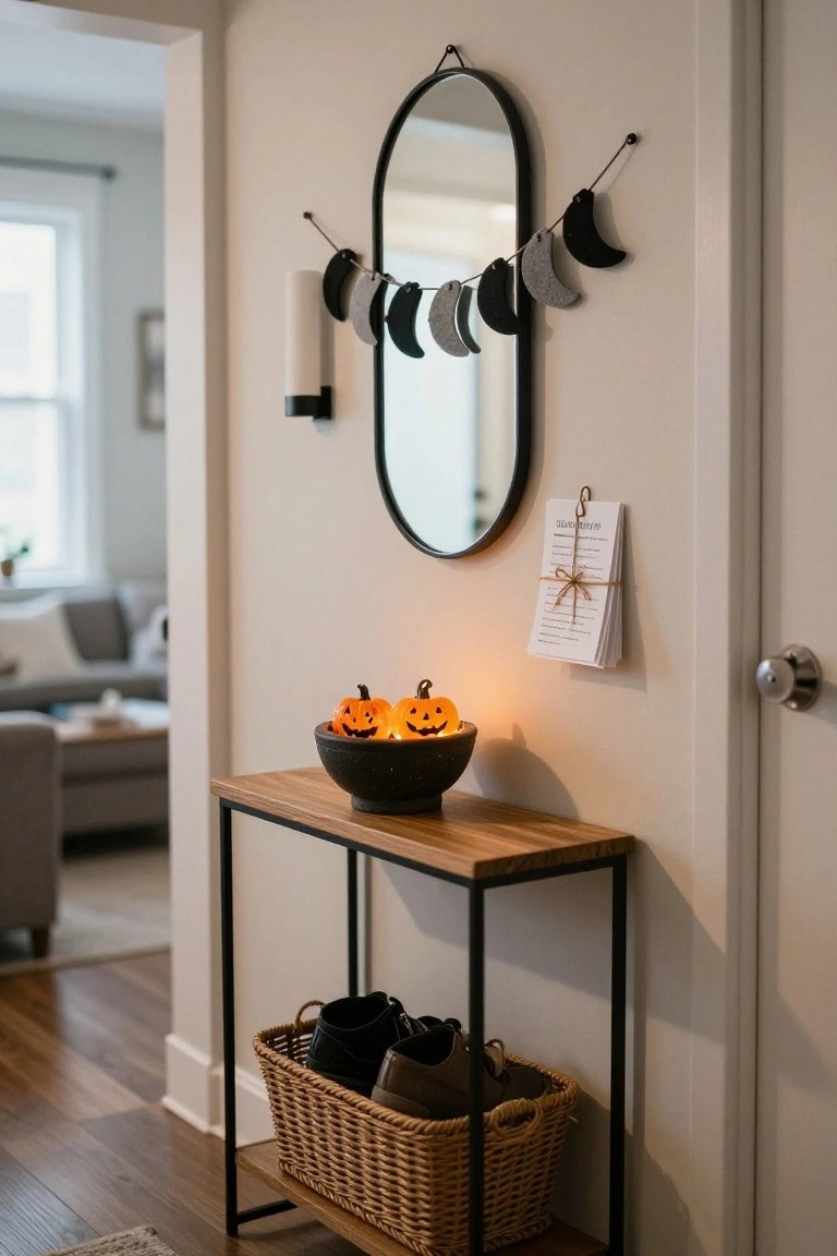 Narrow wooden console table in a light-colored hallway entryway topped with a black bowl of illuminated jack-o-lantern pumpkins, wicker basket holding black and brown shoes below, oval black-framed mirror with moon garland above, and stack of papers tied with twine hanging on the wall beside a door.