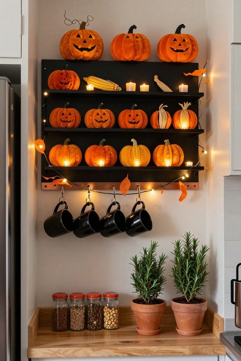 Black multi-shelf wall unit in a kitchen displaying fabric jack-o-lantern pumpkins, cornstalks, tea lights, and string lights, with black mugs hanging from hooks below and jars of nuts plus potted rosemary on the wooden counter beside a fridge.