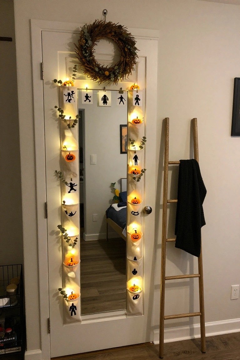 Full-length mirror on a white closet door framed by a vertical white fabric pocket organizer holding lit orange pumpkins and black silhouette Halloween figures, with fairy lights, eucalyptus garlands, and a wooden ladder with black towel nearby in a bedroom.