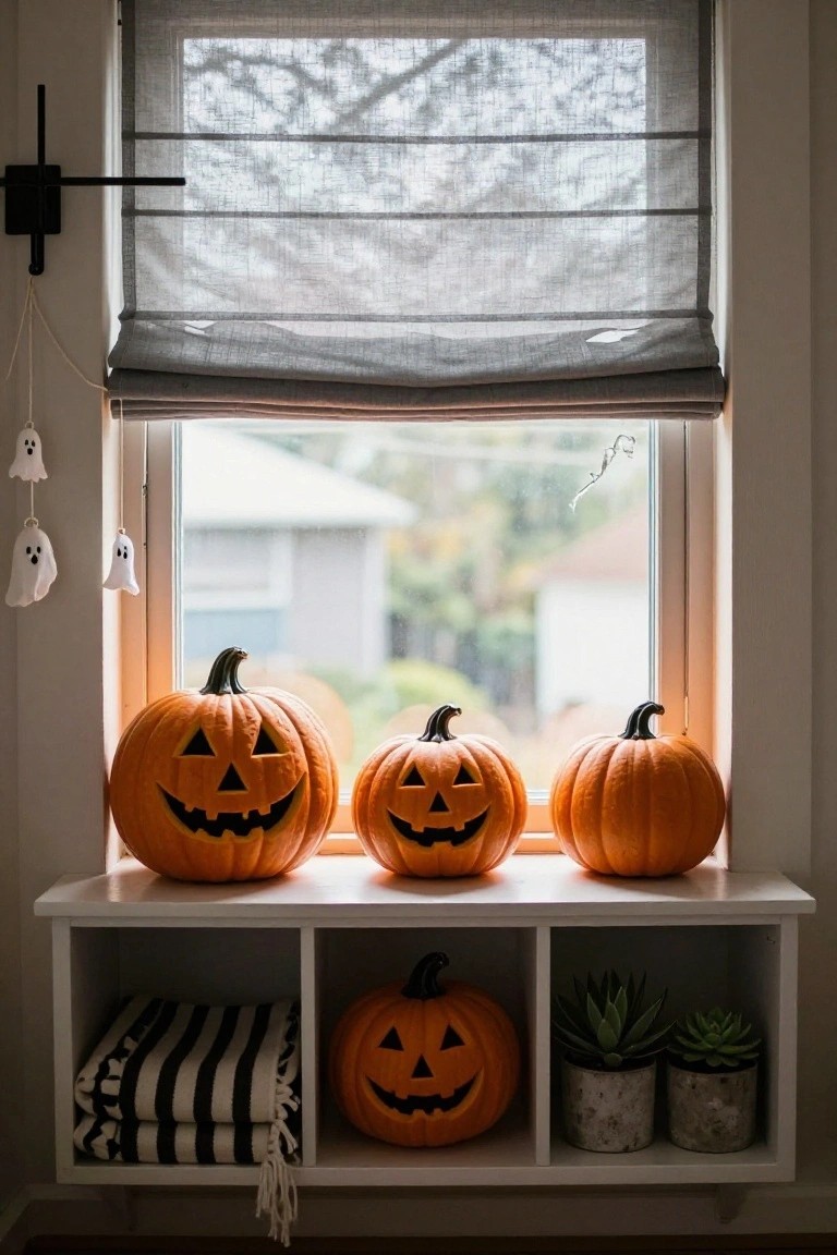 White built-in window sill shelf holds three orange jack-o-lantern pumpkins in the center, a smaller one on the right shelf with striped towels on the left and potted succulents beside it, ghost decorations hang near a gray shaded window with houses visible outside.