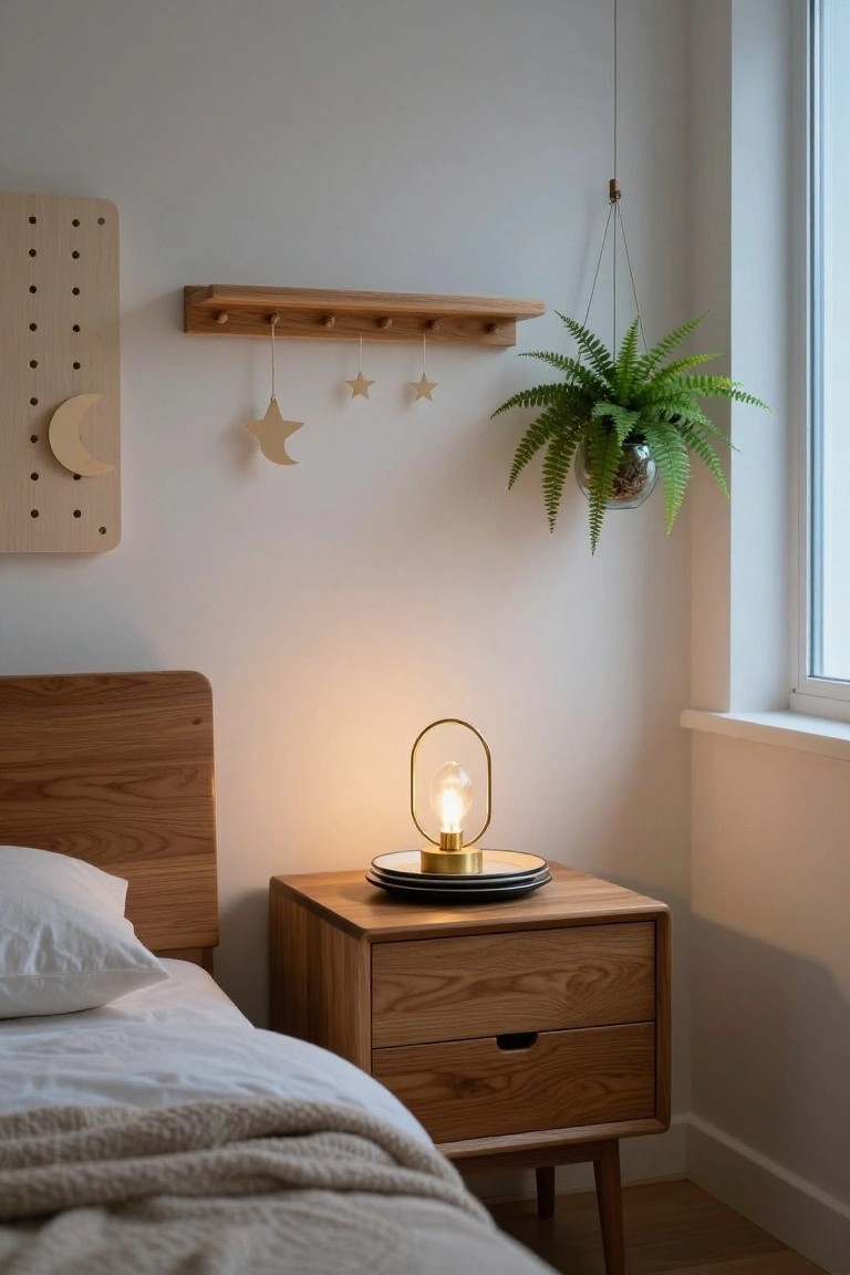 Cozy bedroom corner with wooden bed, nightstand holding a brass lamp and stacked plates, wooden wall shelf with hanging star ornaments, pegboard moon shape, and hanging fern plant near a window.