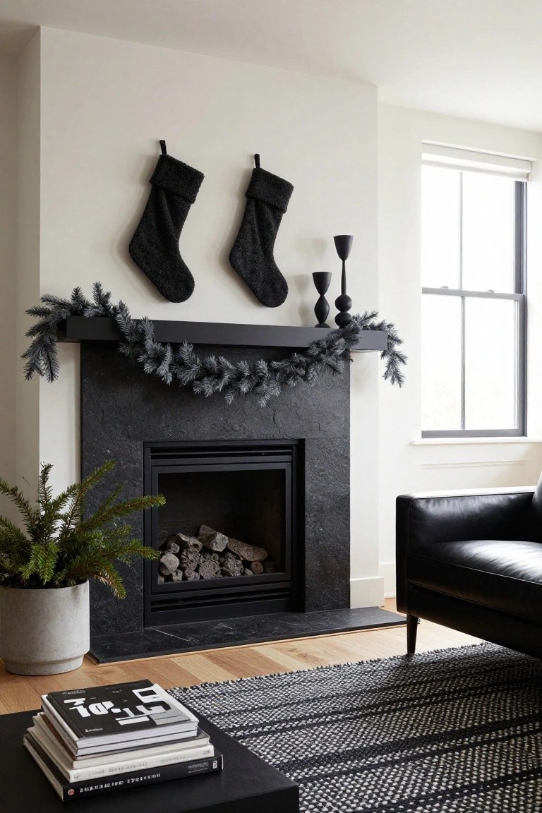 A modern living room with a black stone fireplace mantel decorated for Christmas with black garland, two black stockings hanging above, black candles, a potted green plant nearby, black leather armchair, coffee table stacked with books, and striped rug on wood floors.