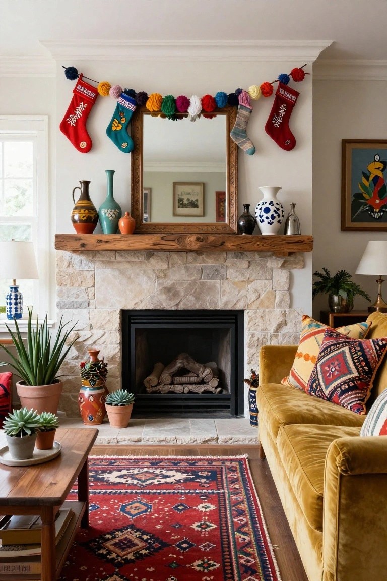 Living room with a stone fireplace and wooden mantel decorated with colorful embroidered Christmas stockings connected by a pom-pom garland, pottery vases, plants, a yellow velvet sofa, and a red patterned rug.