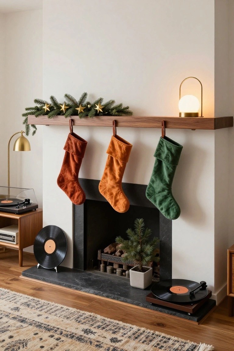 Stone fireplace with wooden mantle holding evergreen garland and three velvet Christmas stockings in rust, orange, and green, with gold lamps, record players, and a small tree inside the hearth in a modern living room.