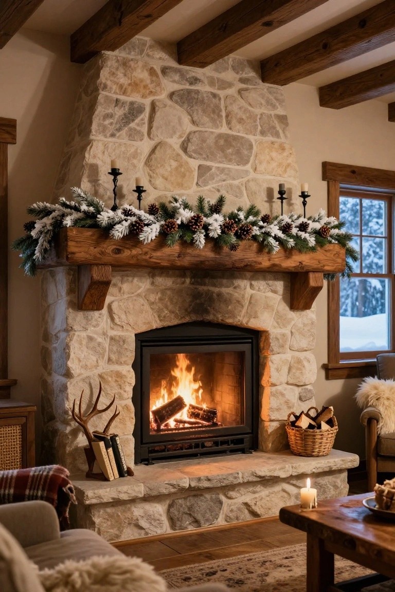 Cozy Garland Over a Stone Mantel