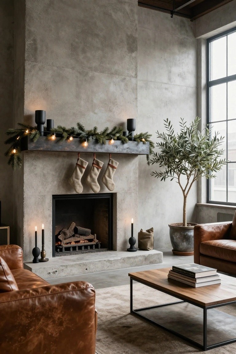 Living room with gray concrete walls and fireplace decorated for Christmas using evergreen garland with string lights on the black metal mantel, three white stockings hanging from it, lit fire inside, brown leather sofa, wooden coffee table with stacked books, potted olive tree, and black candleholders.
