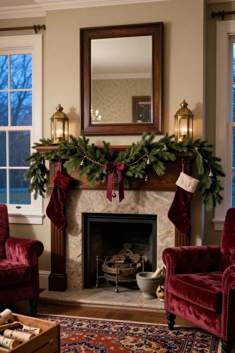 Garland and Stockings on a Stone Mantel