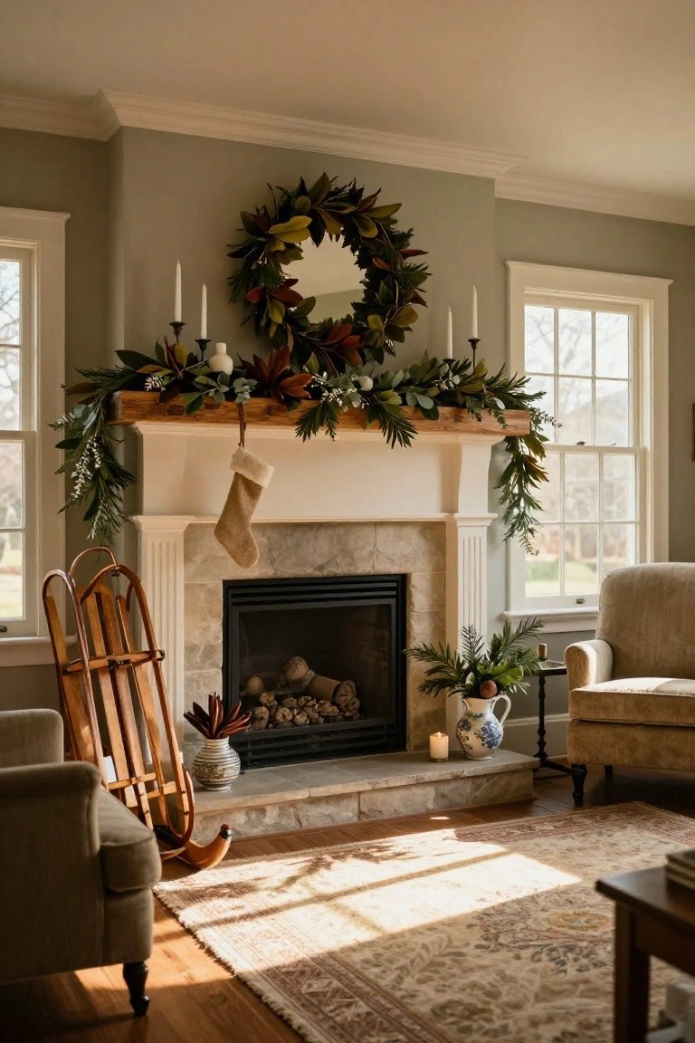 Stone fireplace with rustic wood beam mantel decorated in natural greenery garland, magnolia leaves, candles, berries, and a burlap stocking in a sage green walled living room with chairs, rocking horse, and plants nearby.
