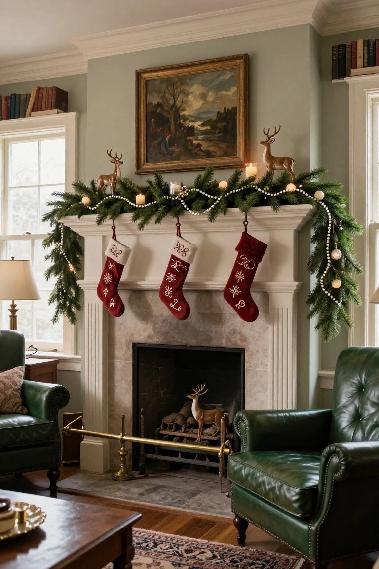 Stone fireplace mantel in a sage green living room decorated for Christmas with greenery garland, pearl strands, white candles, brass deer figures, and three red embroidered stockings hanging from hooks.