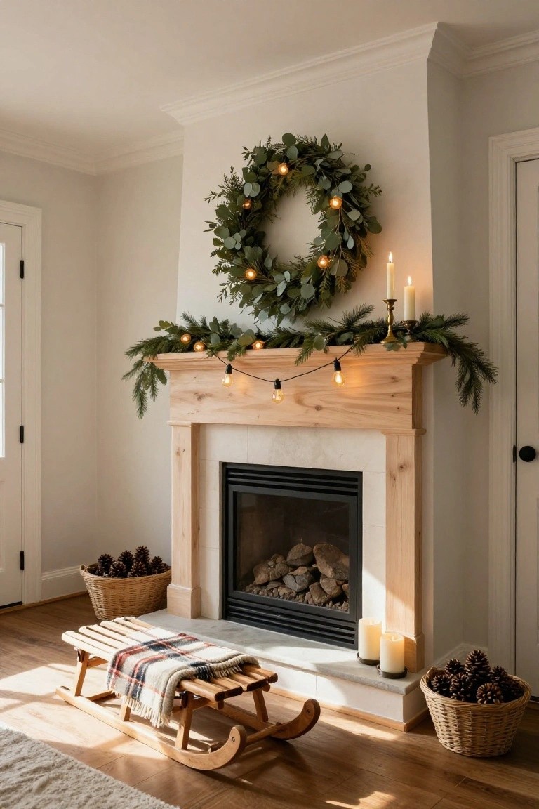 White stone fireplace with light wood beam mantel decorated for Christmas using green pine and eucalyptus garland with string lights, large eucalyptus wreath on wall above, gold candlesticks with candles, woven baskets of pinecones flanking sides, and plaid-covered wooden sled on floor in front.
