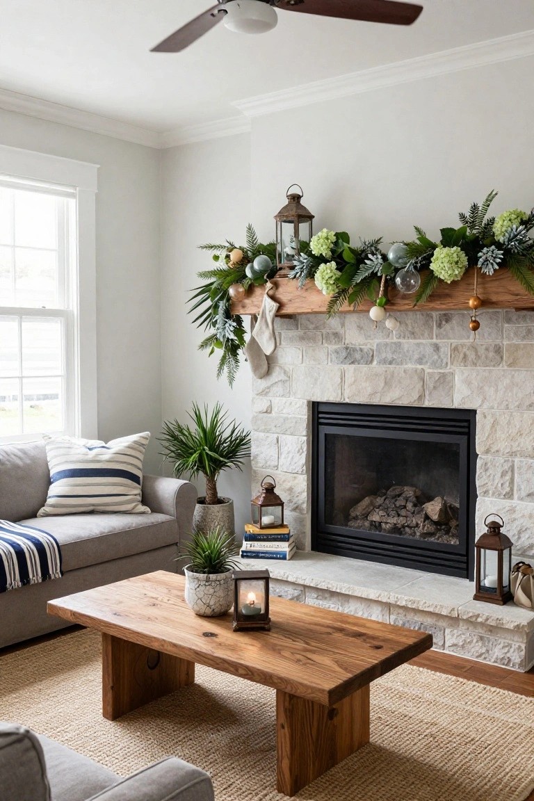 A living room with a beige stone gas fireplace featuring a wooden mantel decorated with a garland of green ferns, eucalyptus, white hydrangeas, and glass ornaments, flanked by metal lanterns and a Christmas stocking, gray sofa with striped pillows, potted plants, wooden coffee table, and beige rug.