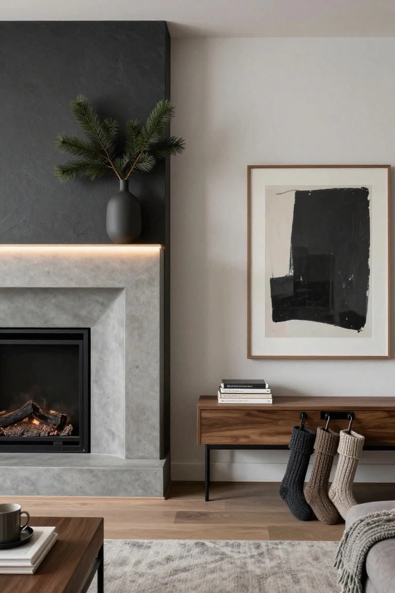 Gray stone fireplace mantel with burning gas logs, black textured wall with black vase of fir branches above, white wall with large abstract black and white framed artwork, walnut console table with stacked books and two hanging wool Christmas stockings, wood coffee table with mug and books on light gray rug.