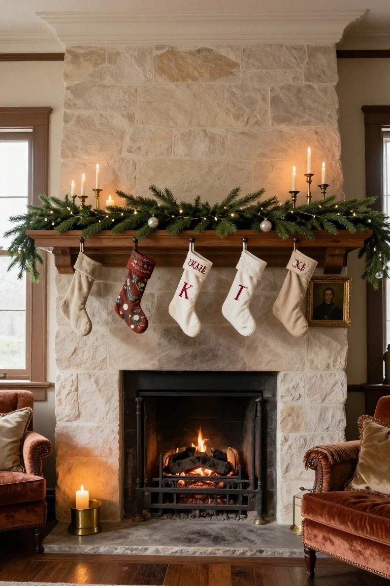 Stone fireplace in a living room with wooden mantel holding evergreen garland and white candles, four neutral stockings hanging with monogrammed initials K, T, and XK plus one red patterned one, velvet chairs on either side.