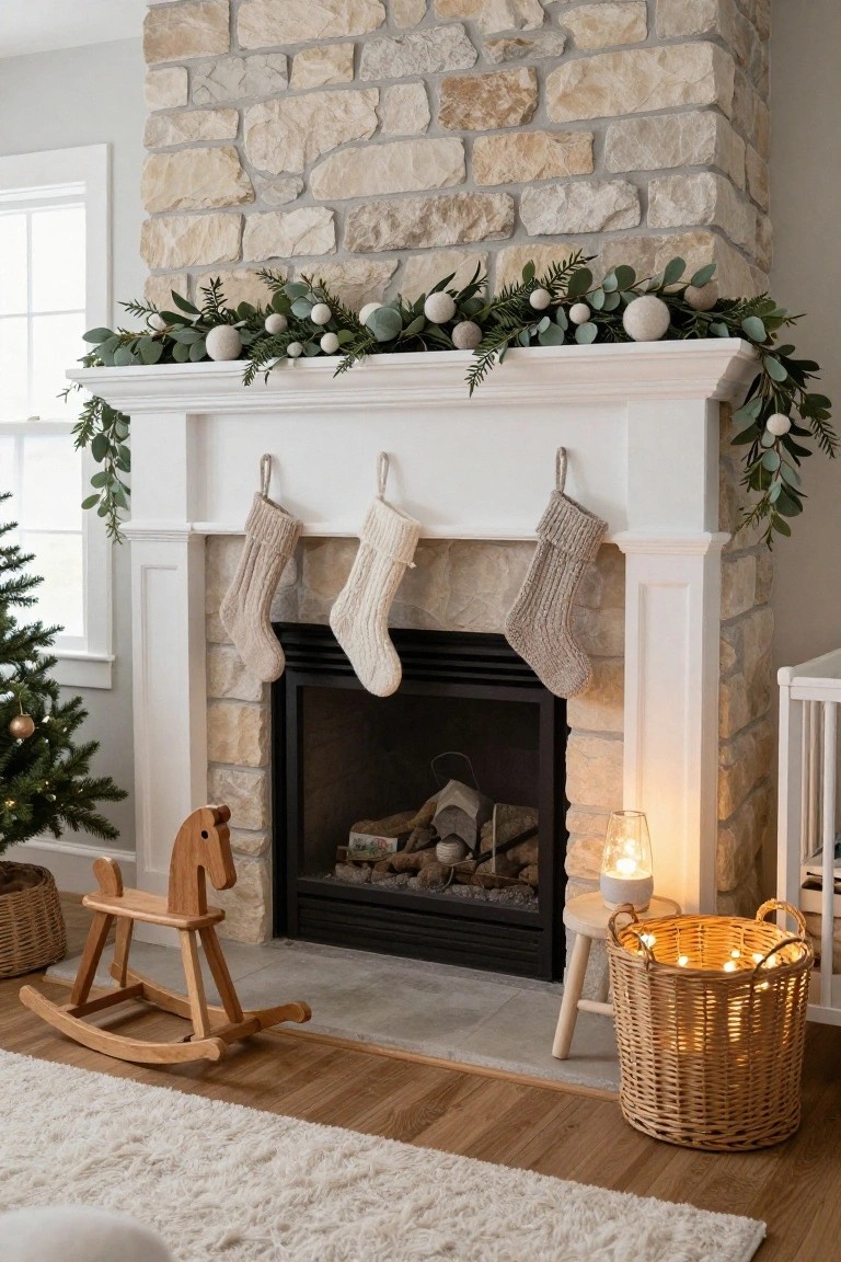 Stone fireplace with white mantel holding green eucalyptus garland, fir branches, and white berries, three knit stockings hanging from hooks, small Christmas tree, wooden rocking horse, and wicker basket in a living room.