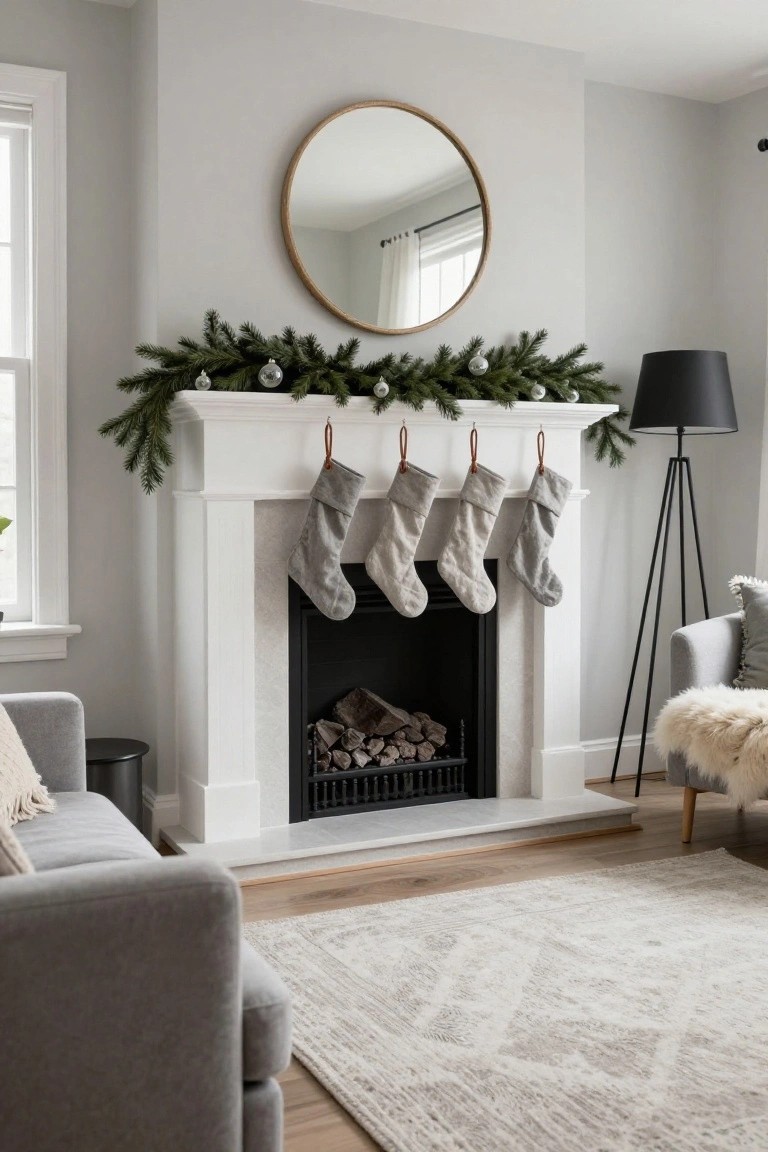 White stone fireplace with a mantel draped in evergreen garland and glass ornaments, four gray linen stockings hanging from leather straps, black floor lamp nearby, gray sofa, and beige rug in a light gray room.