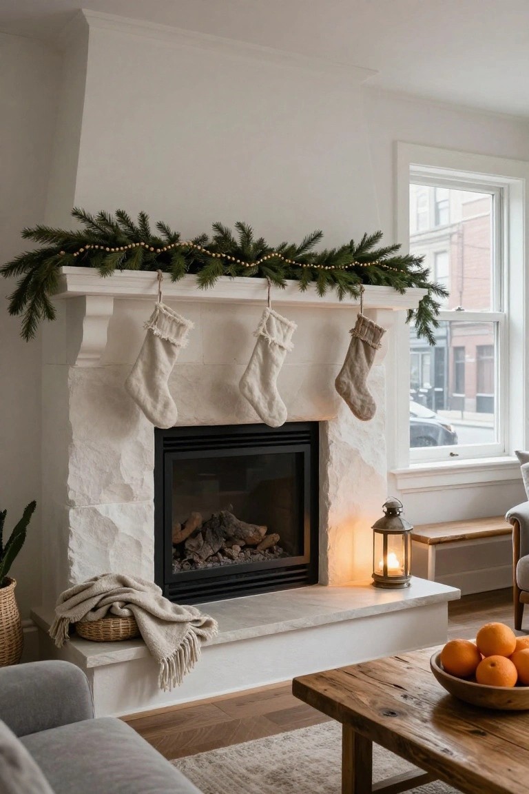 Stone fireplace mantel in a living room decorated for Christmas with three neutral fringed stockings, evergreen garland strung with pearl beads, a lit metal lantern, knit throw in a basket, and a wooden bowl of oranges on a nearby table.