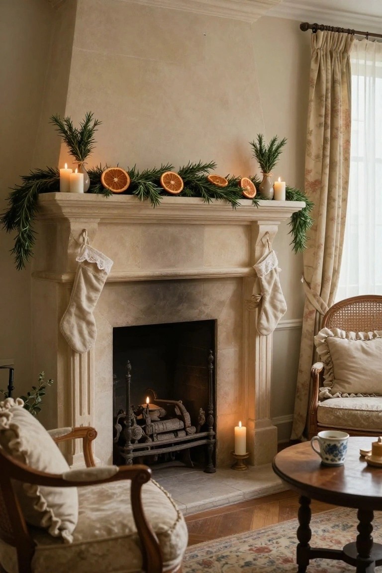Beige stone fireplace with mantel decorated by rosemary garland threaded with dried orange slices and white candles, cream lace-trimmed stockings hanging on sides, lit fire inside, rattan armchair with cushions, and wooden side table with teacup nearby in light-filled room.