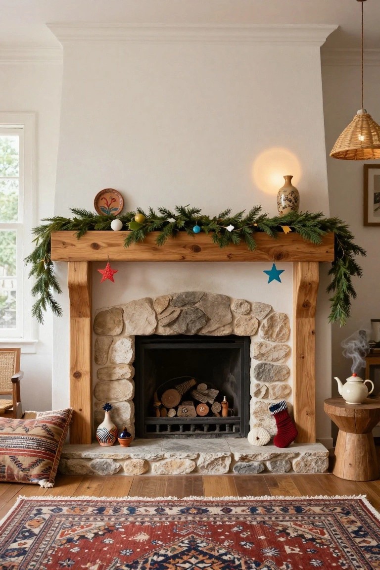 Stone fireplace with wooden mantel wrapped in evergreen garland, red and blue star ornaments, white balls, pottery vases, a red stocking, and side tables on a wooden floor with a red and blue Persian rug.