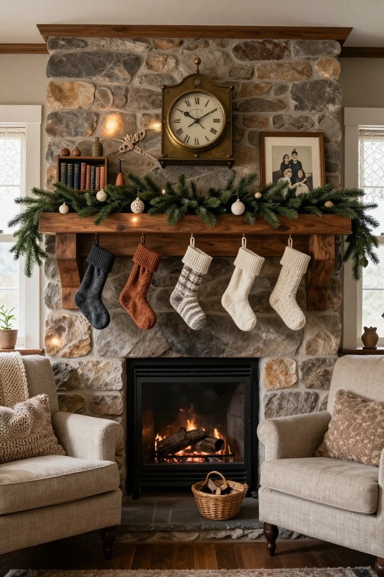 Stone fireplace with wooden mantel decorated by evergreen garland, white ball ornaments, and five knit stockings in gray, rust, striped, cream, and white hanging from hooks, flanked by two cream armchairs with throws and a wicker basket of firewood in front.