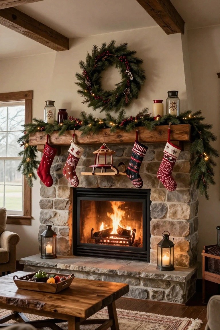 Stone fireplace with rustic wooden mantle decorated by evergreen garland, colorful knit stockings, berry accents, candles, lanterns, and a wooden birdhouse model in a cozy living room.