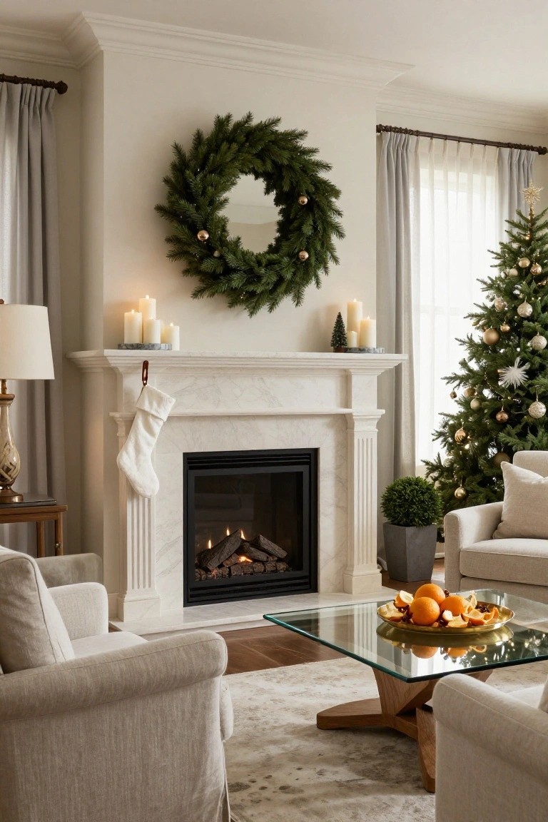 White marble fireplace with lit gas logs, mantel holding stacked white pillar candles on gray tray and small evergreen tree, single white stocking hanging from leather loop, large evergreen wreath with round mirror above, Christmas tree nearby, beige armchairs, glass coffee table with oranges.