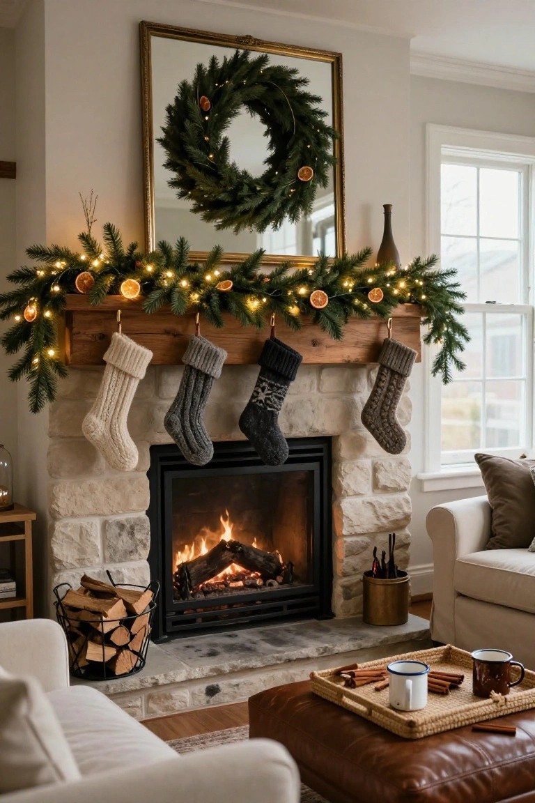 Wood Beam Mantel with Neutral Stockings