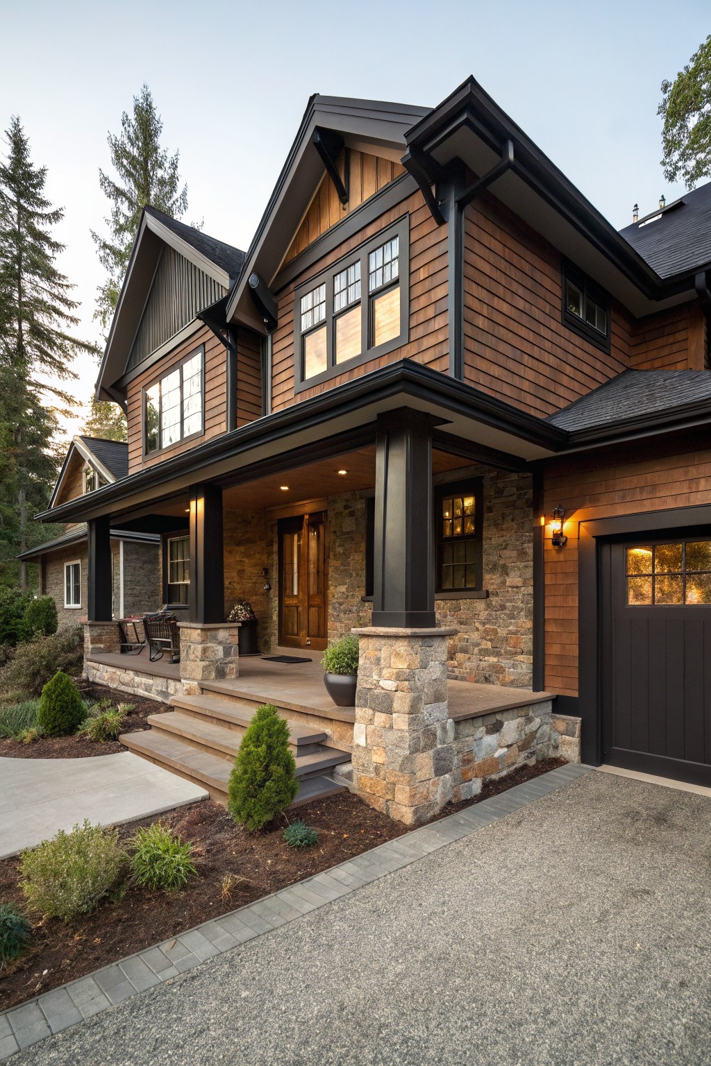 Two-story house exterior with brown wood siding, black trim around windows and rooflines, covered porch supported by black columns and stone bases, attached garage, steps leading to entry, and surrounding landscaping with trees.