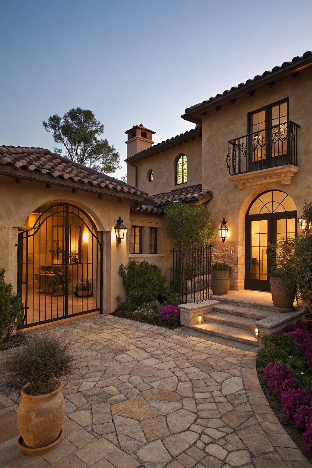 Brown stucco house exterior at dusk with black wrought iron arched gate, balcony railing, black-trimmed doors and windows, stone pathway, potted plants, and surrounding landscaping.