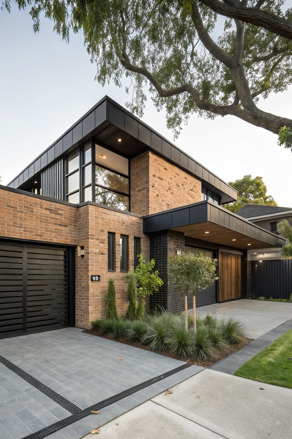 Corner view of a modern two-story house with brown brick lower walls, black metal cladding on upper sections and roofline, black slatted garage door, wooden entry door, concrete driveway, and low native shrubs.