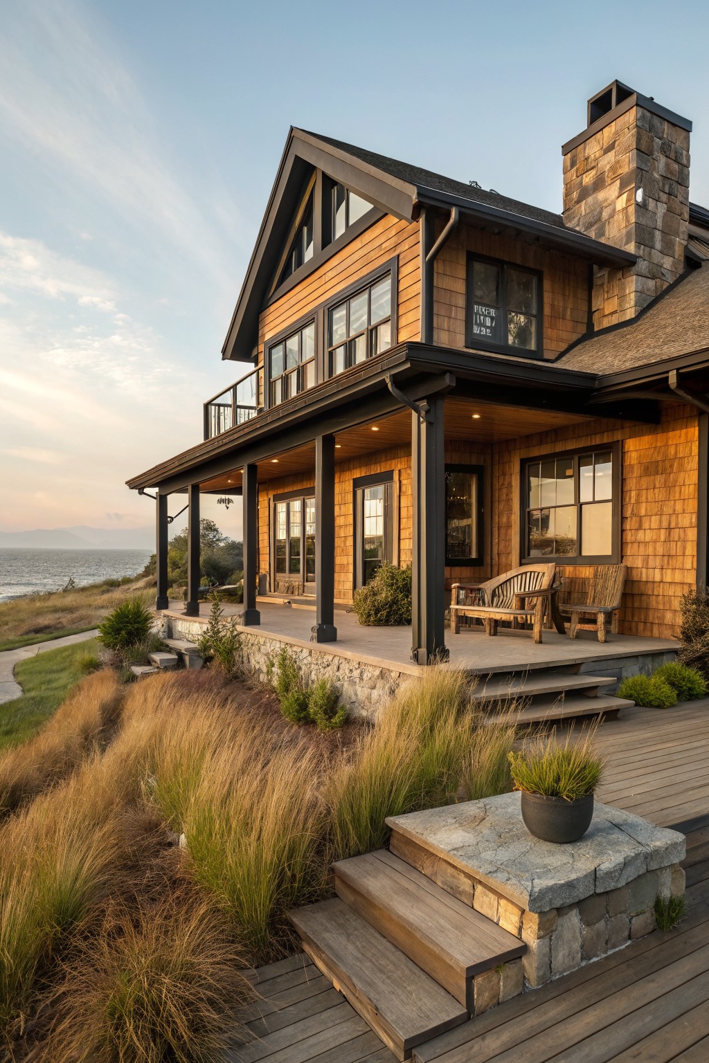Two-story house with brown cedar shingle siding and black trim on windows, roof edges, and porch supports, featuring a stone chimney, covered porch with benches, deck stairs, native grasses, and ocean view in the background.