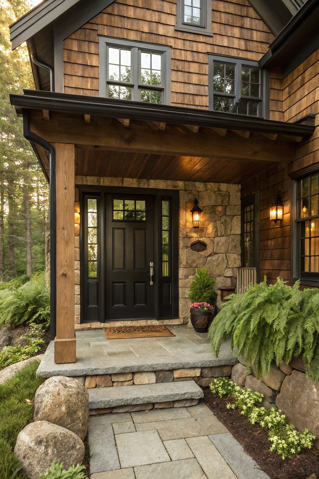 Front exterior of a brown shingled house with black window frames, black front door, covered wooden porch, stone foundation, and landscaped pathway with plants and rocks.