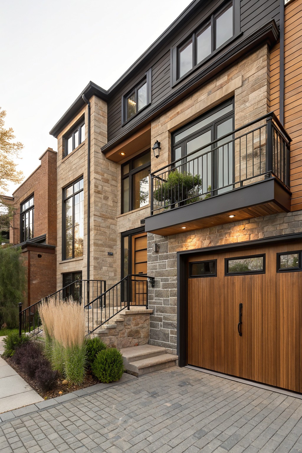 A modern multi-level house exterior with brown stone walls, black window frames and metal balcony railing, wooden garage door, stone steps to the front door, ornamental grasses, and a gray paver driveway.