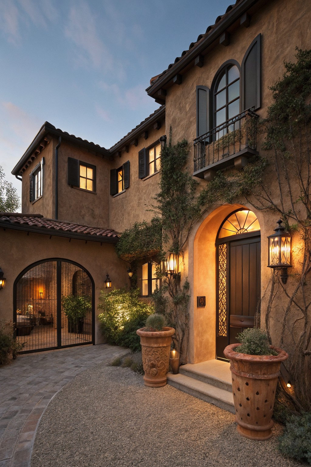 Brown stucco house exterior at dusk with black shutters on arched windows, dark wood front door under an arched entryway, terracotta tile roof, wrought iron details, potted plants, and landscape lighting.