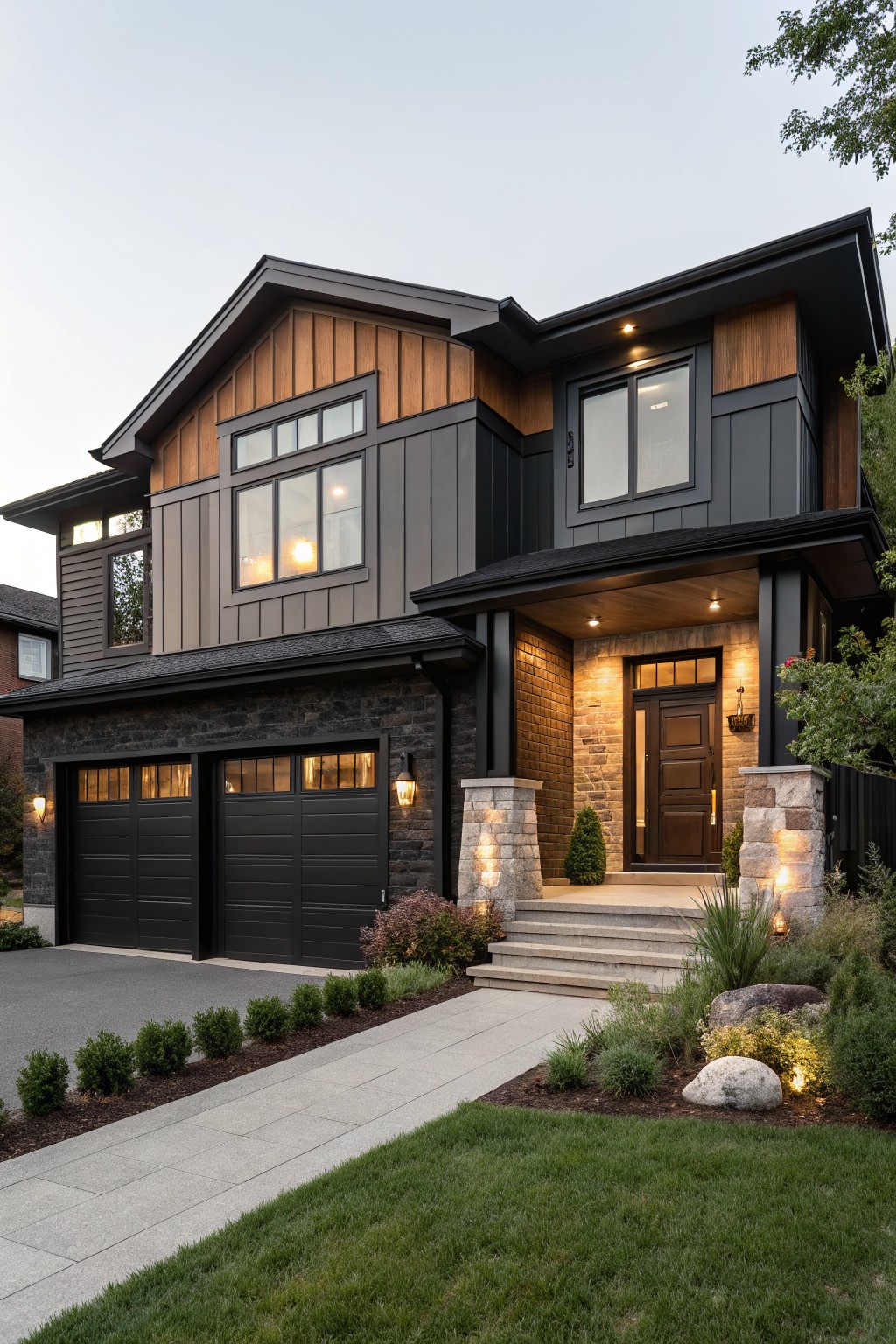 Two-story modern house exterior with dark gray board-and-batten siding, horizontal brown wood panels on the gable and upper sections, black double garage doors, brick and stone entry accents, steps to the front door, and landscaped front yard with low shrubs, rocks, and pathway lighting at dusk.