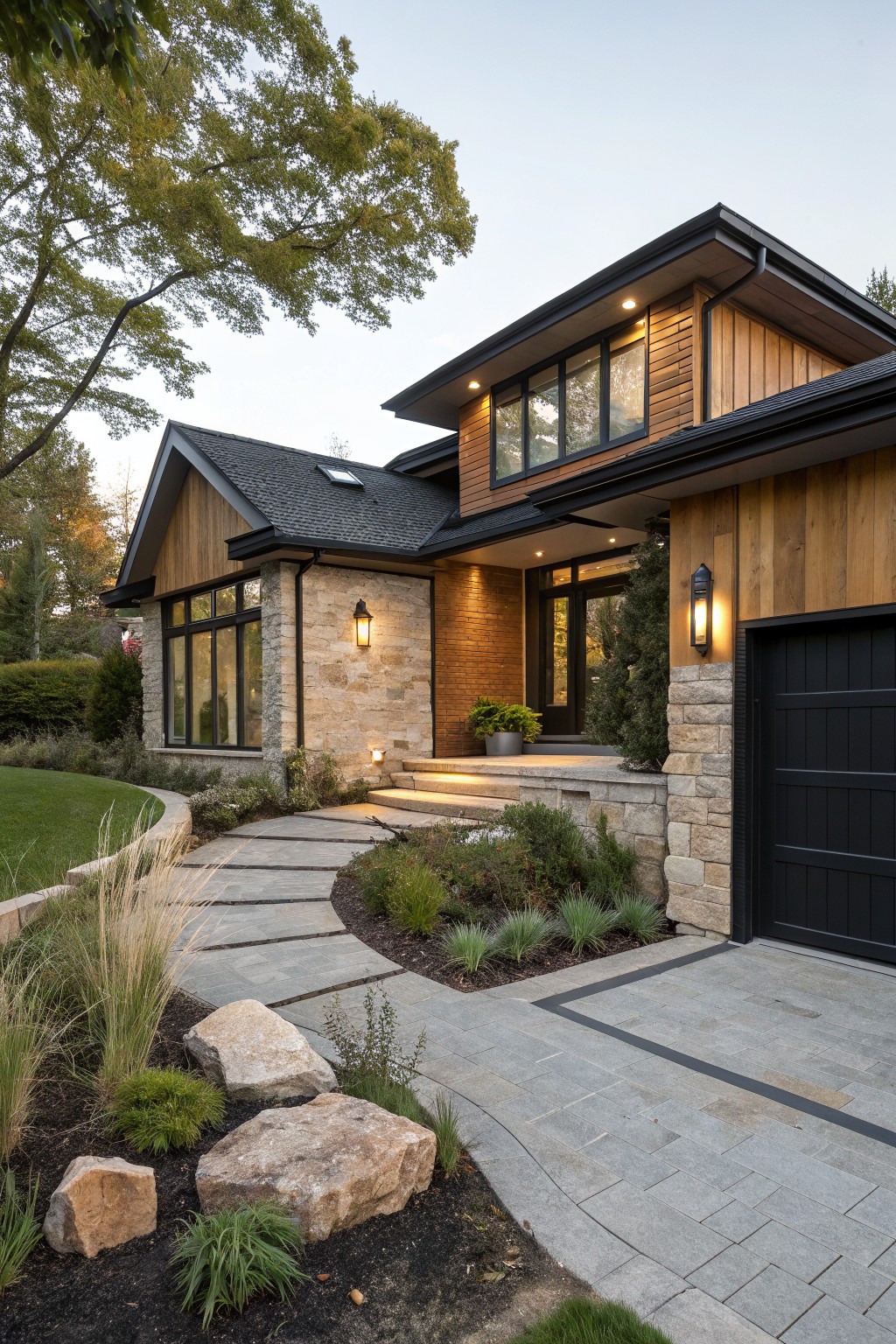 A modern two-story house exterior with brown cedar wood cladding, beige stone walls, black roof, window frames, garage door, and entry lanterns, plus a curved gray stone pathway and low plants leading from the lawn to the front steps.