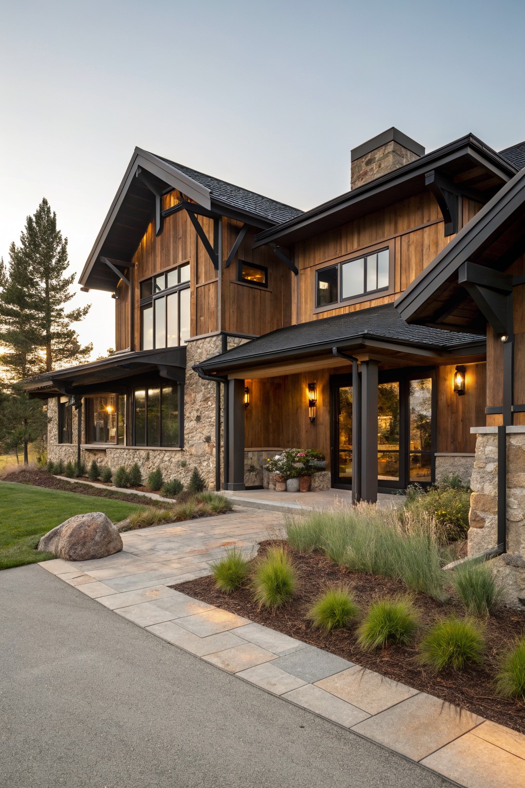 A two-story house exterior with brown wood siding, black trim around windows and doors, dark metal roof, stone chimney and base, covered entry porch with lanterns and posts, large glass windows, pine trees, and stone path with grasses.