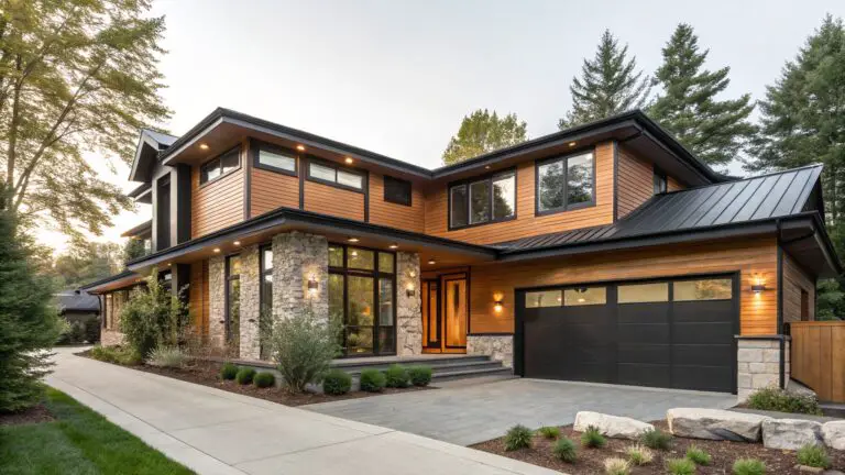 A modern two-story house exterior with vertical brown wood cladding, black metal trim on windows and roofline, stone base, wooden garage door, covered porch with steps, and front landscaping including shrubs and a driveway.