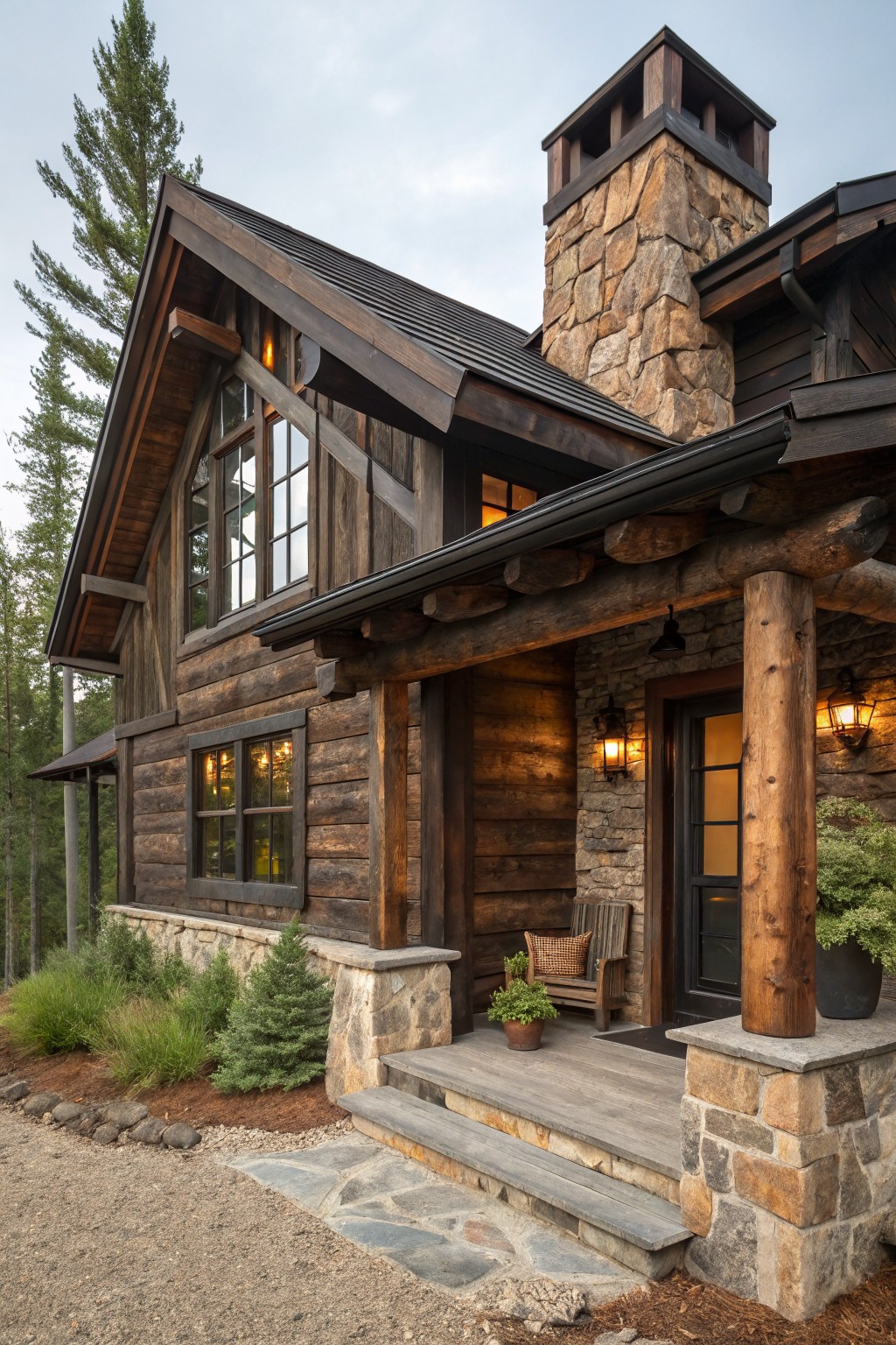 Brown log cabin house exterior featuring vertical wood siding, multi-pane windows with dark frames, stone chimney and foundation, timber porch posts, front door with lanterns, small trees and gravel driveway in a forested setting.