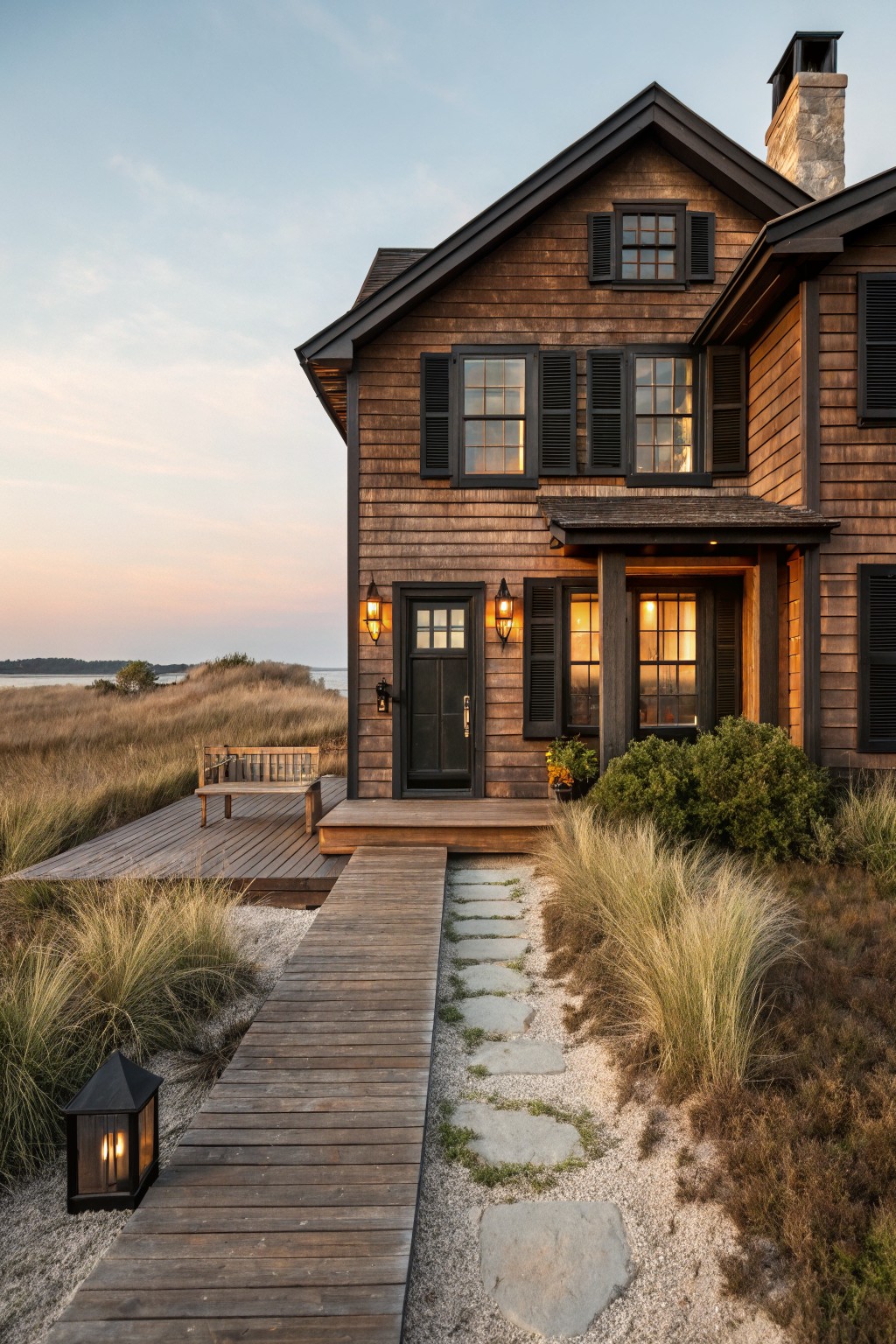 Brown shingled house exterior with black trim on windows, shutters, and door, featuring a covered porch with lanterns, wooden deck and bench overlooking dunes and water, and a boardwalk path through grasses.