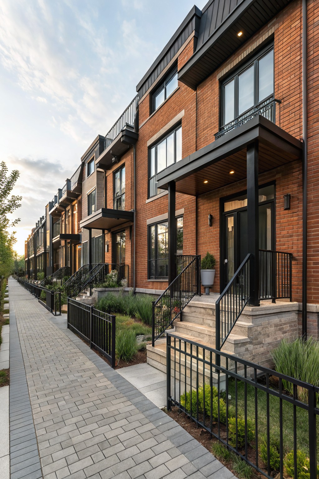 Row of modern three-story townhouses with red-brown brick walls, black window frames and trim, metal balconies and railings, covered front entries with stairs, and low landscaping along a paved sidewalk.