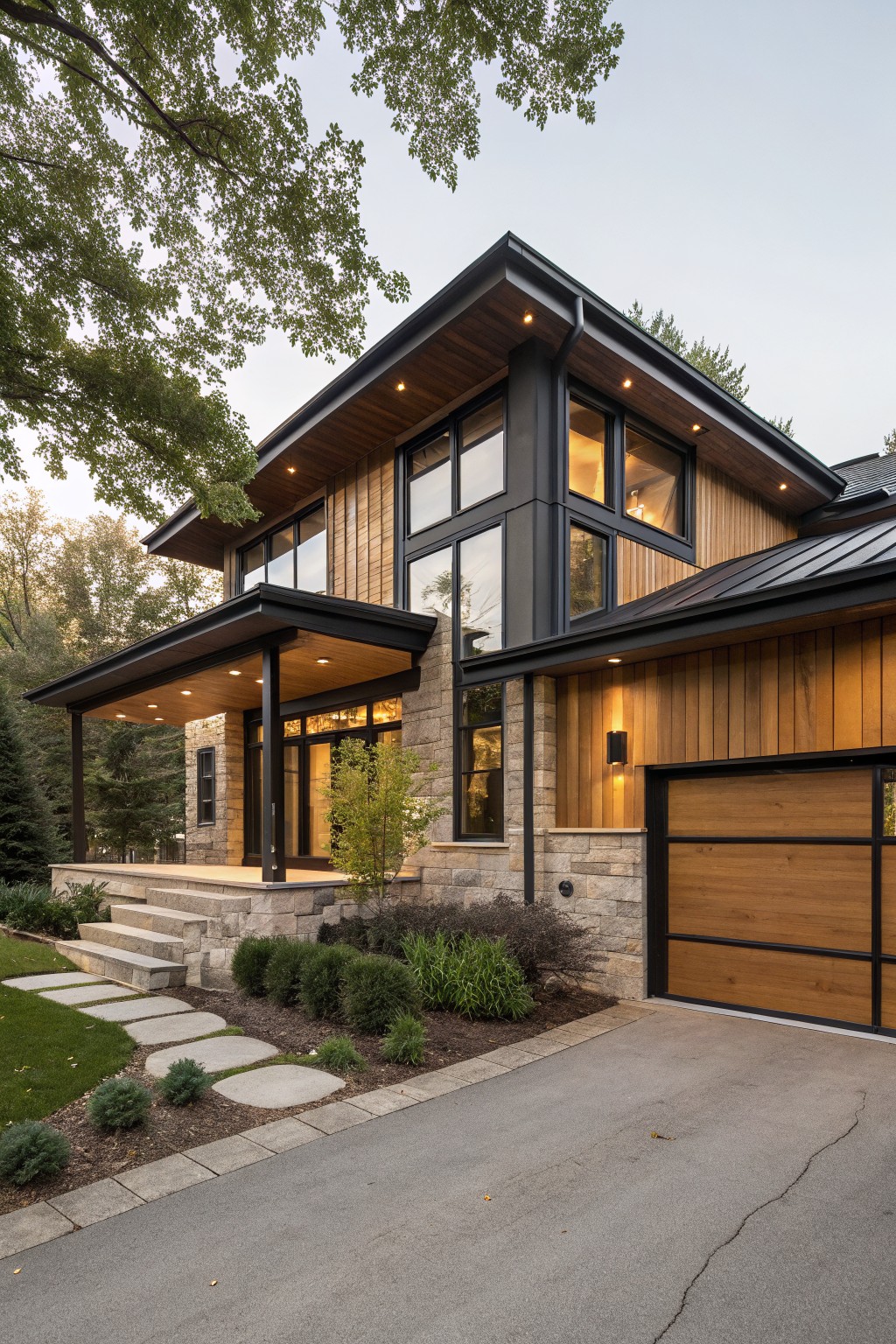 A modern two-story house exterior with vertical brown wood cladding, black metal trim on windows and roofline, stone base, wooden garage door, covered porch with steps, and front landscaping including shrubs and a driveway.