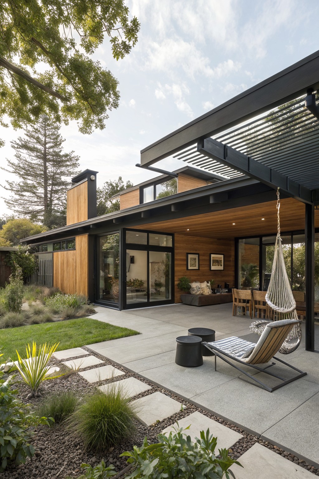 Modern house exterior with vertical warm brown cedar wood siding, black metal trim and frames around large glass doors, covered patio with hanging chairs and seating, concrete pavers, and surrounding landscaped yard with grasses and trees.