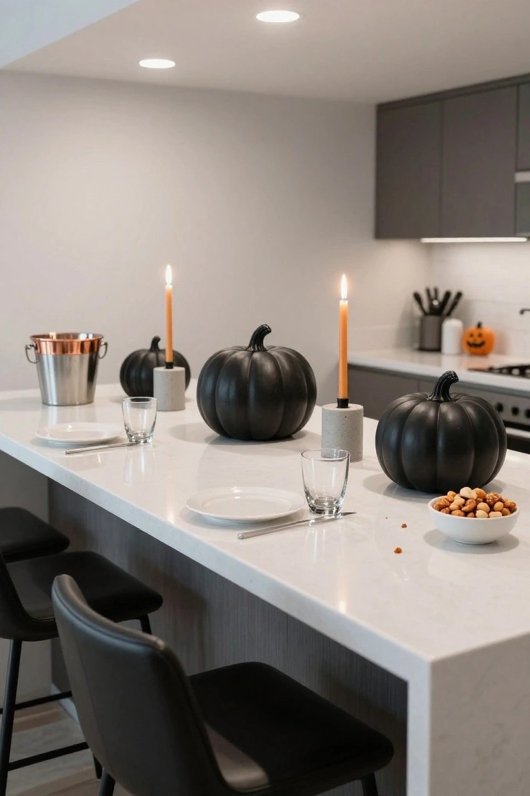 Modern kitchen island with white quartz countertop decorated for Halloween featuring several matte black pumpkins, burning orange taper candles in concrete and metal holders, a copper ice bucket, white plates and glasses, and a white bowl of mixed nuts.