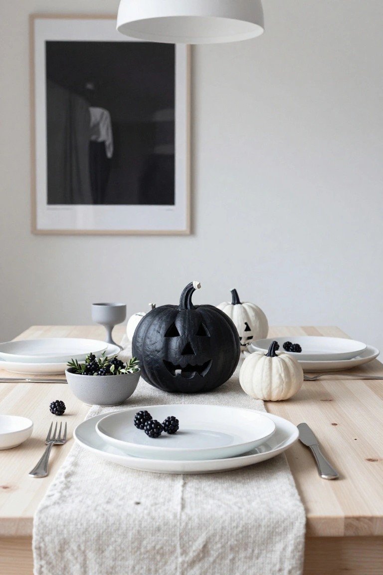 Dining table with three black carved jack-o-lantern pumpkins, white bowl of blackberries, stacked white plates, gray cups and saucers on a white linen runner, under a white pendant light against a white wall.