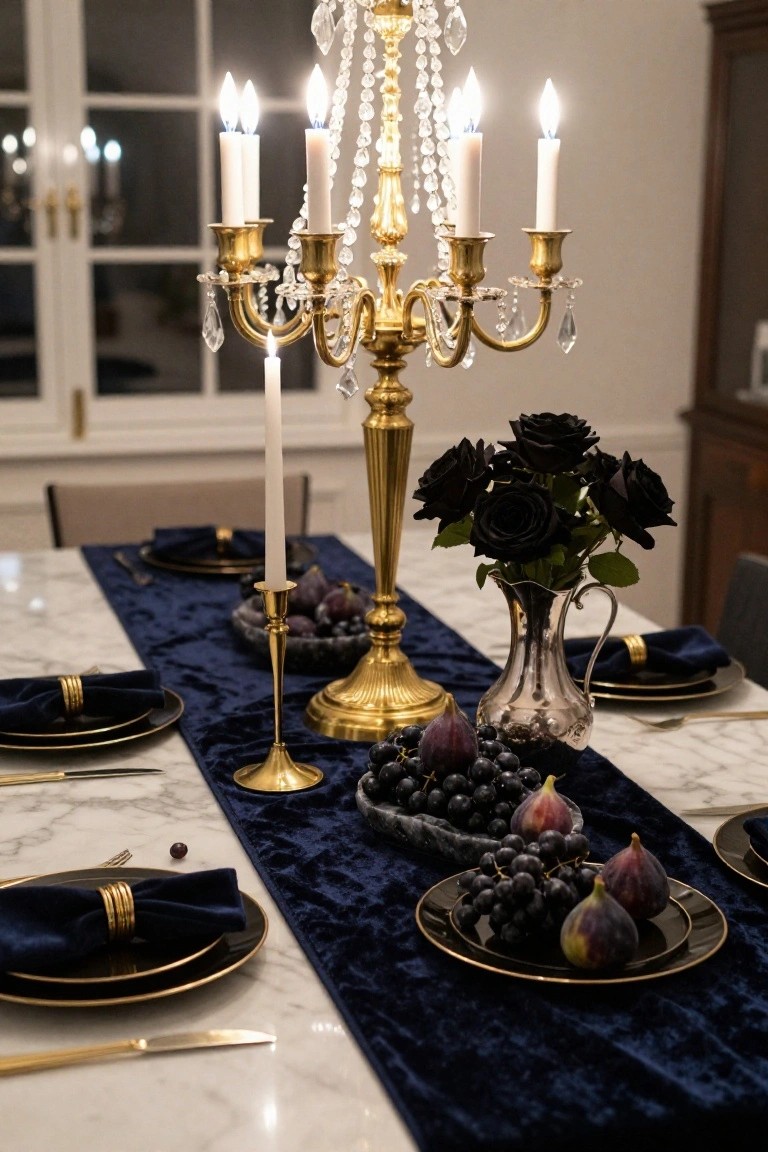 Close-up of a formal dining table on marble with navy velvet runner, black roses in silver vase, gold candelabras holding lit white candles, bowls of black grapes and figs, black plates with gold-rimmed edges and navy napkins with gold rings.