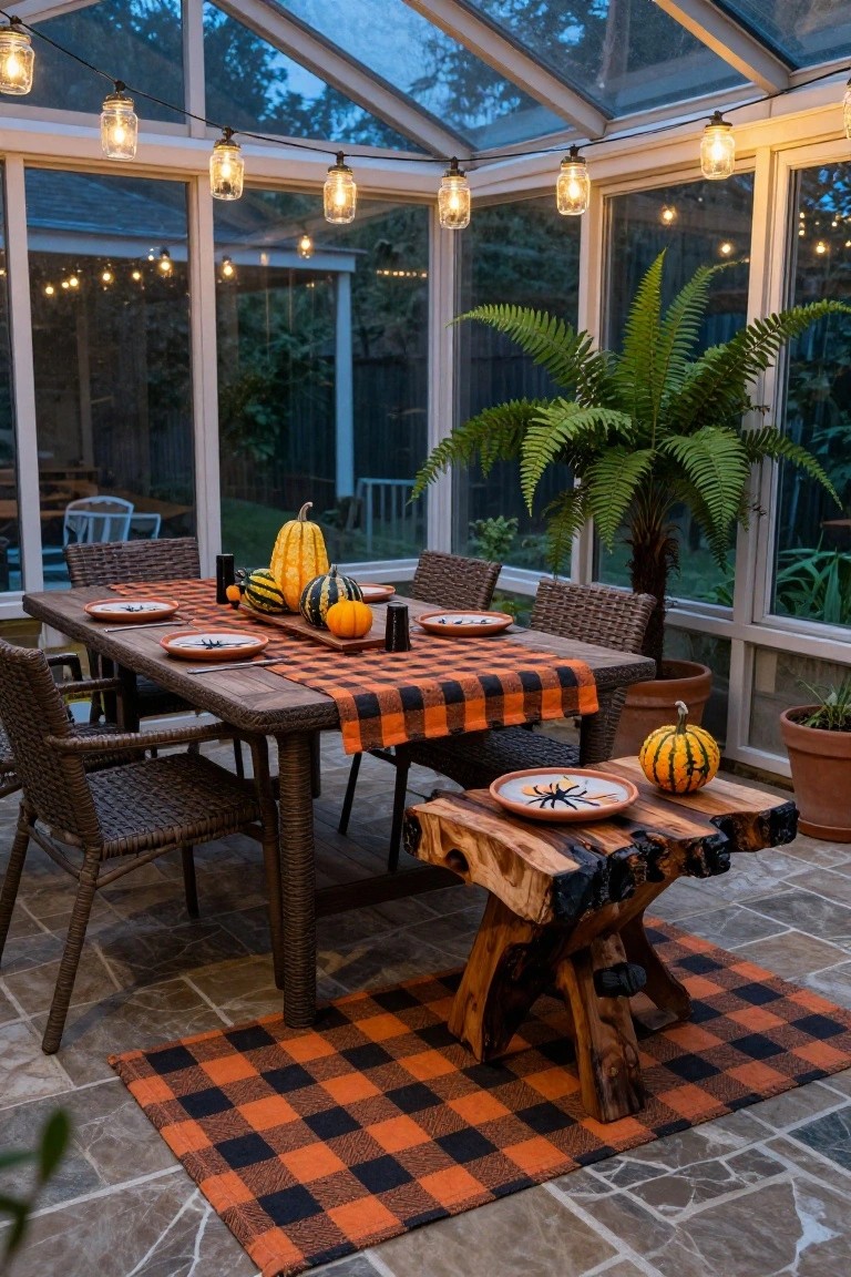 Glass-enclosed sunroom featuring a rustic wooden dining table set for Halloween with orange-and-black buffalo check tablecloth, pumpkin centerpiece on wood tray, black candles, spiderweb plates, wicker chairs, potted plants, a matching checkered rug on tiled floor, and mason jar string lights overhead.