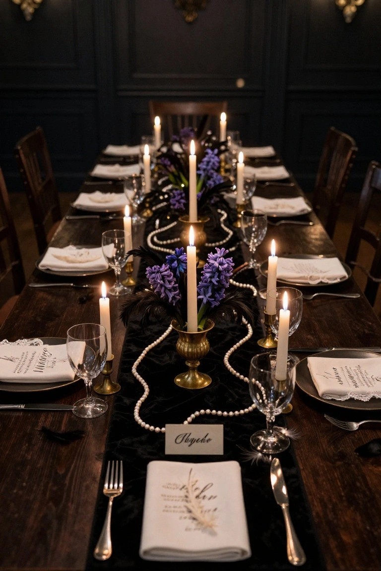 Long wooden dining table in a dark-paneled room set with black velvet runners, pearl strands, purple hyacinth flowers, multiple lit candles, white napkins, glassware, and place cards.